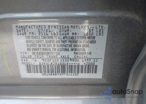 2021 Nissan Sentra S from USA, damaged, VIN 3N1AB8BVXMY311102